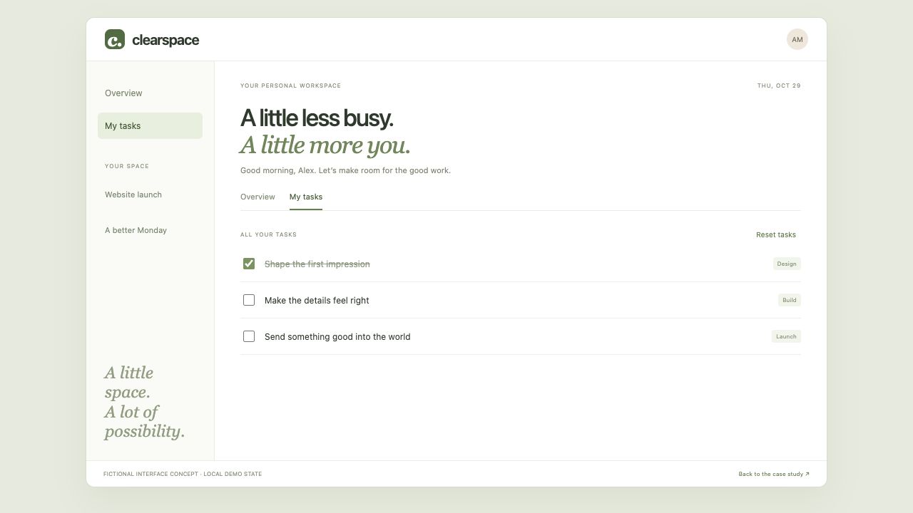 Clearspace task view using the same task states and visual language.